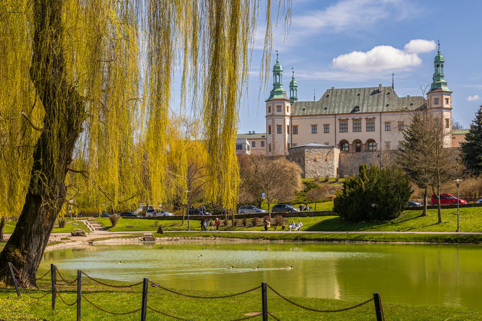 A beautiful park scene with a willow tree and historical building in Poland.